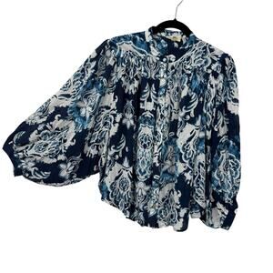 Haute Hippie Top Small Blue Floral Balloon Batwing Sleeve Button Up Boho Artsy